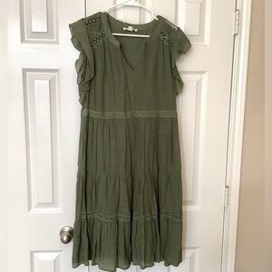 NWT Indigo Rose Green Ruffle Sleeve Dress Tiered Lined Lightweight L